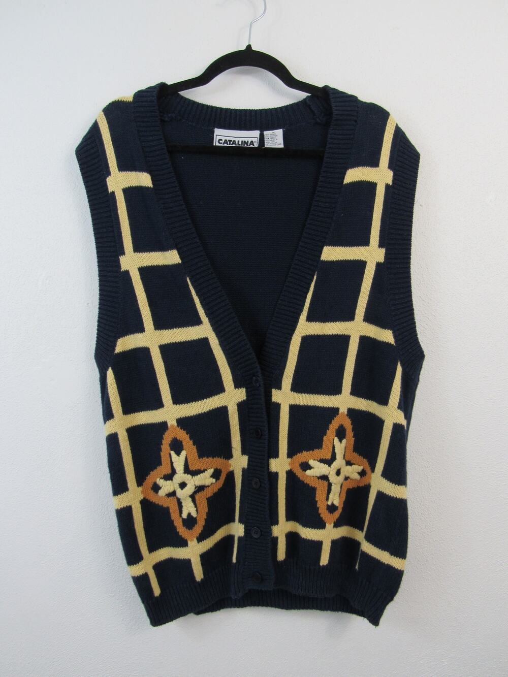 Catalina Medium Navy and Yellow Gold Window Pane Sweater Vest Button Front VTG